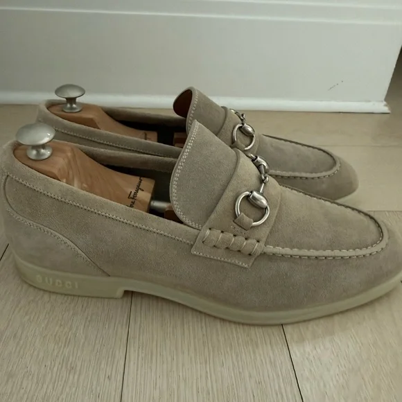 Gucci Beige Suede Loafers with Silver Accent